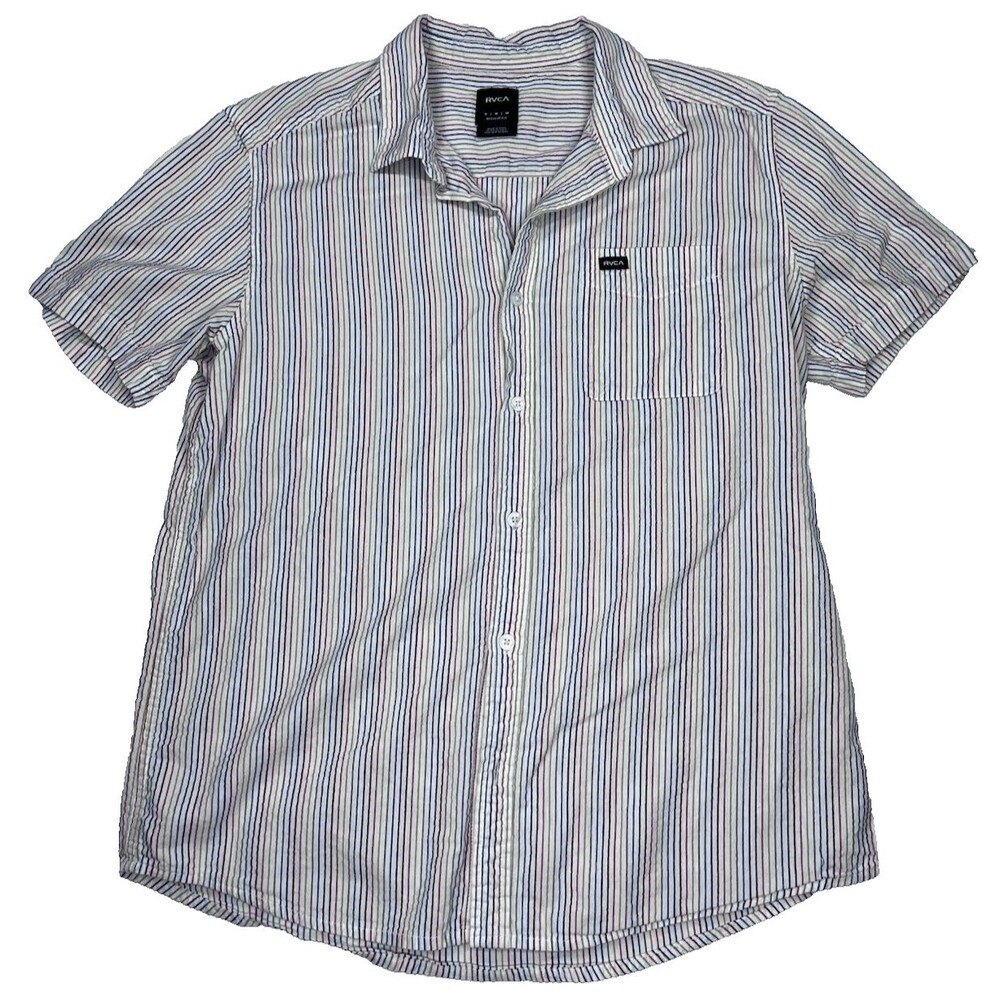 RVCA Mens Shirt M Medium Rainbow Striped Button Down Short Sleeve Surf Skate